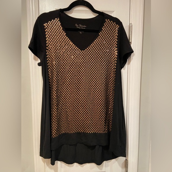 Chicos Black Gold Sequin V Neck Short Sleeve Tunic Blouse Flowy Oversized Size S - Picture 1 of 10